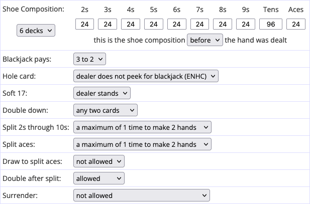 Wizard of Odds Blackjack Hand Calculator Settings